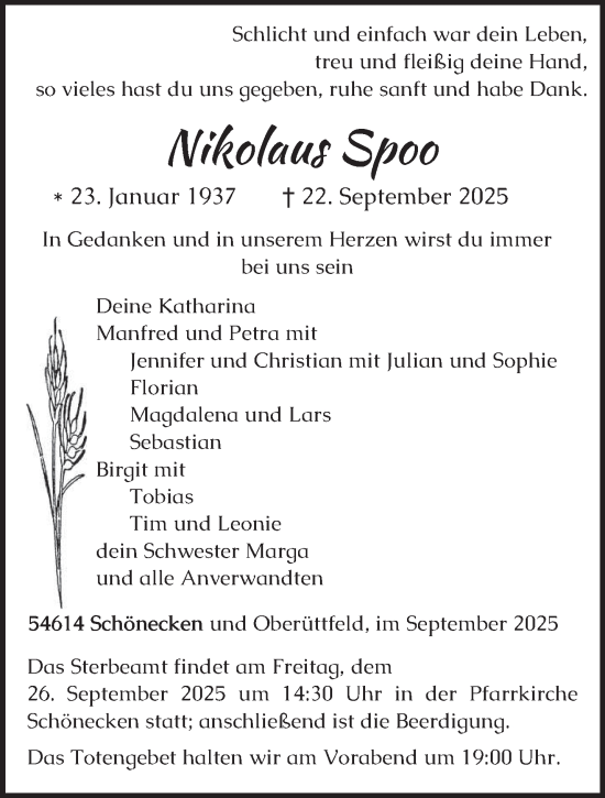 Traueranzeige von Nikolaus Spoo von trierischer_volksfreund