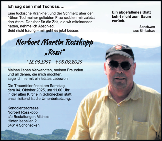Traueranzeige von Norbert Martin Rosskopp von trierischer_volksfreund