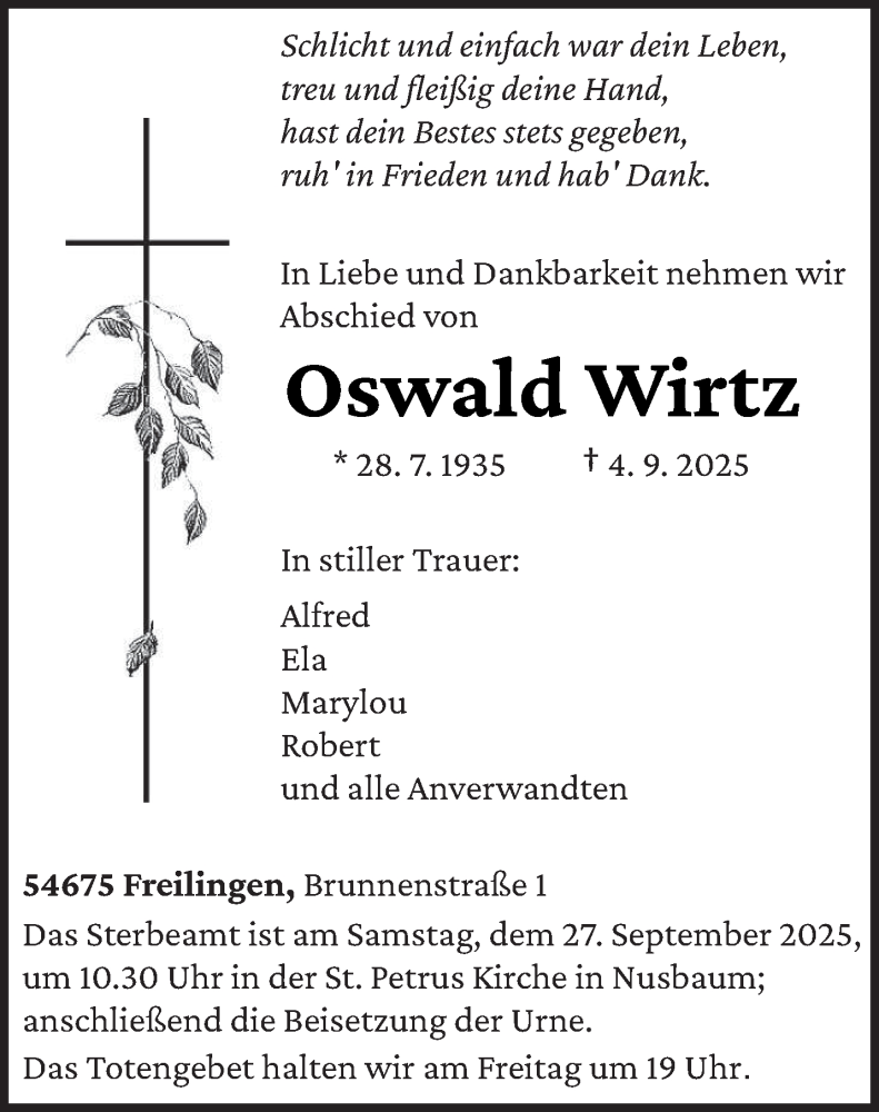  Traueranzeige für Oswald Wirtz vom 24.09.2025 aus trierischer_volksfreund