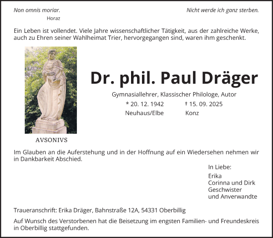Traueranzeige von Paul Dräger von trierischer_volksfreund