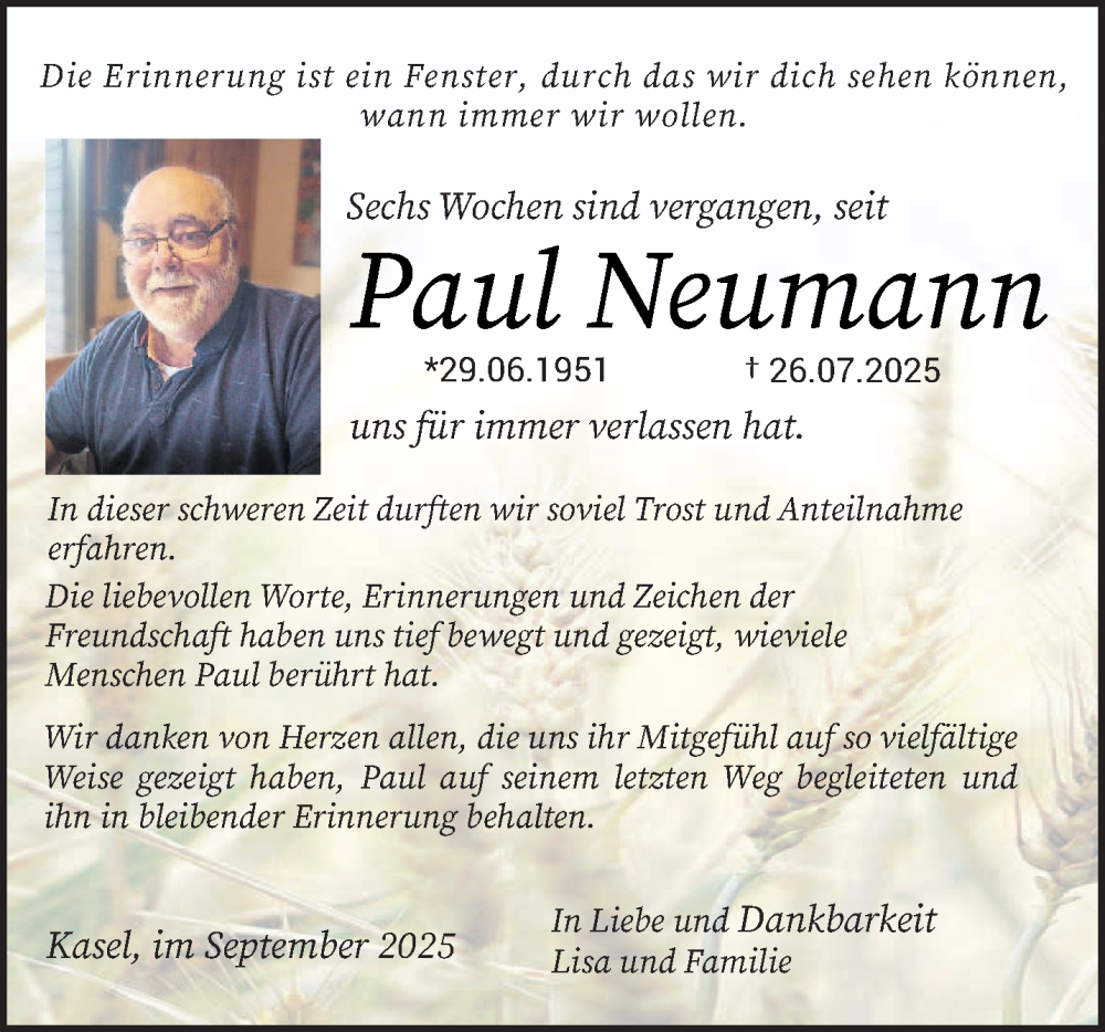  Traueranzeige für Paul Neumann vom 06.09.2025 aus trierischer_volksfreund