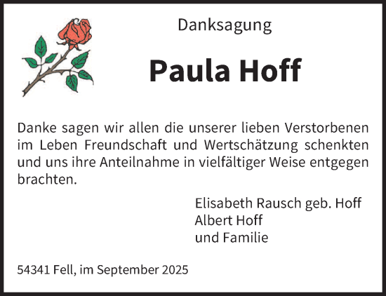 Traueranzeige von Paula Hoff von trierischer_volksfreund