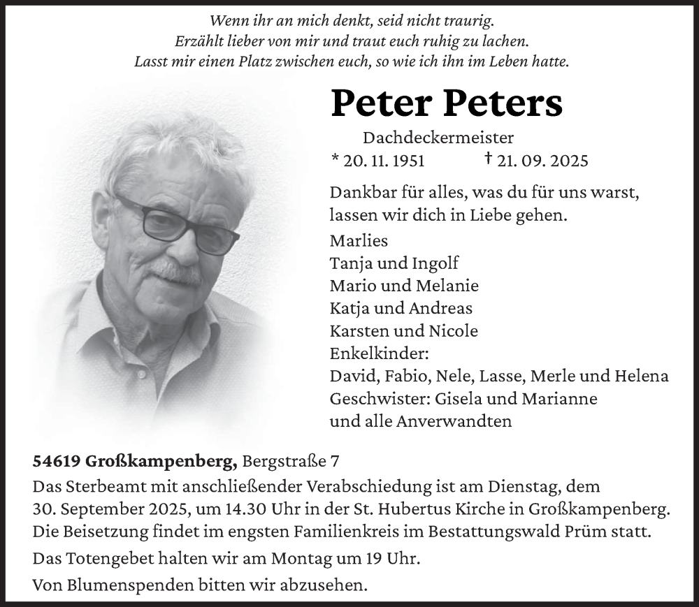 Traueranzeige für Peter Peters vom 26.09.2025 aus trierischer_volksfreund