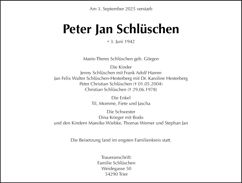  Traueranzeige für Peter Jan Schlüschen vom 13.09.2025 aus trierischer_volksfreund