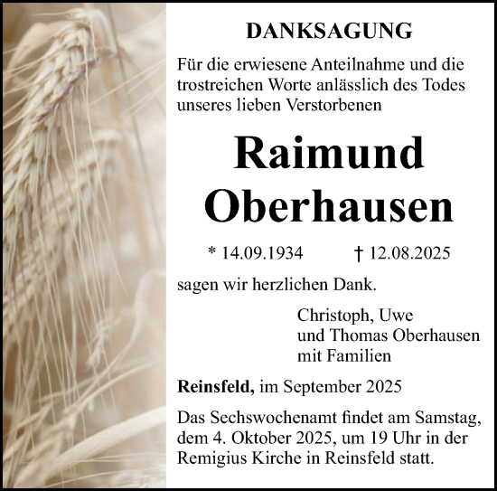 Traueranzeige von Raimund Oberhausen von trierischer_volksfreund