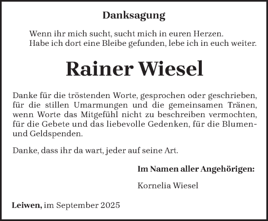 Traueranzeige von Rainer Wiesel von trierischer_volksfreund