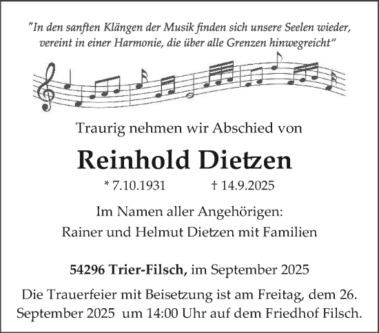 Traueranzeige von Reinhold Dietzen von trierischer_volksfreund