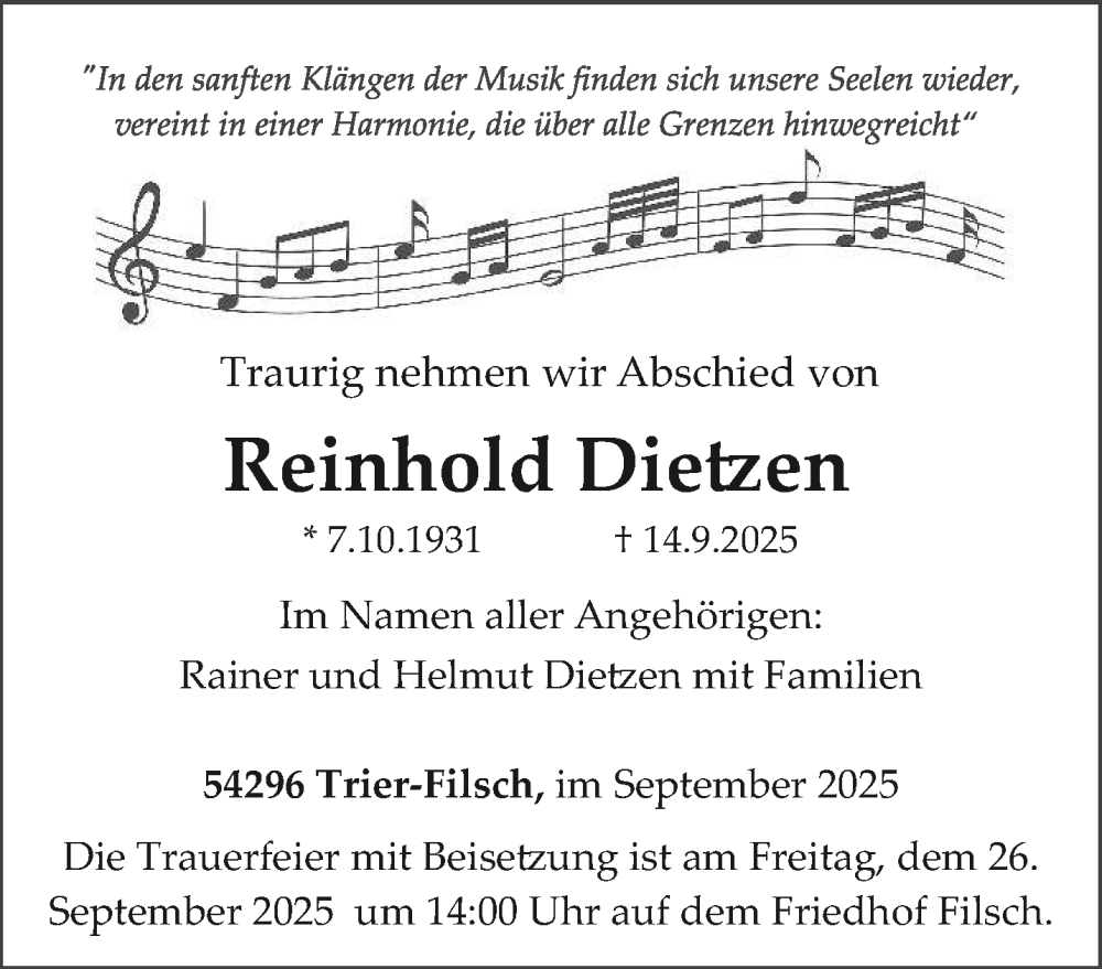  Traueranzeige für Reinhold Dietzen vom 20.09.2025 aus trierischer_volksfreund