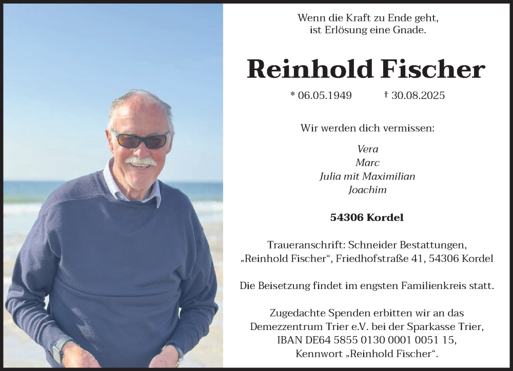 Traueranzeige für Reinhold Fischer vom 03.09.2025 aus trierischer_volksfreund