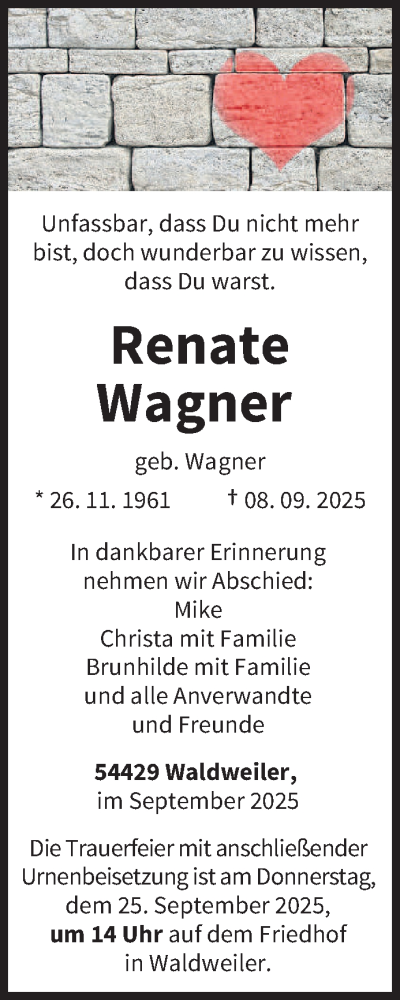 Traueranzeige von Renate Wagner von trierischer_volksfreund