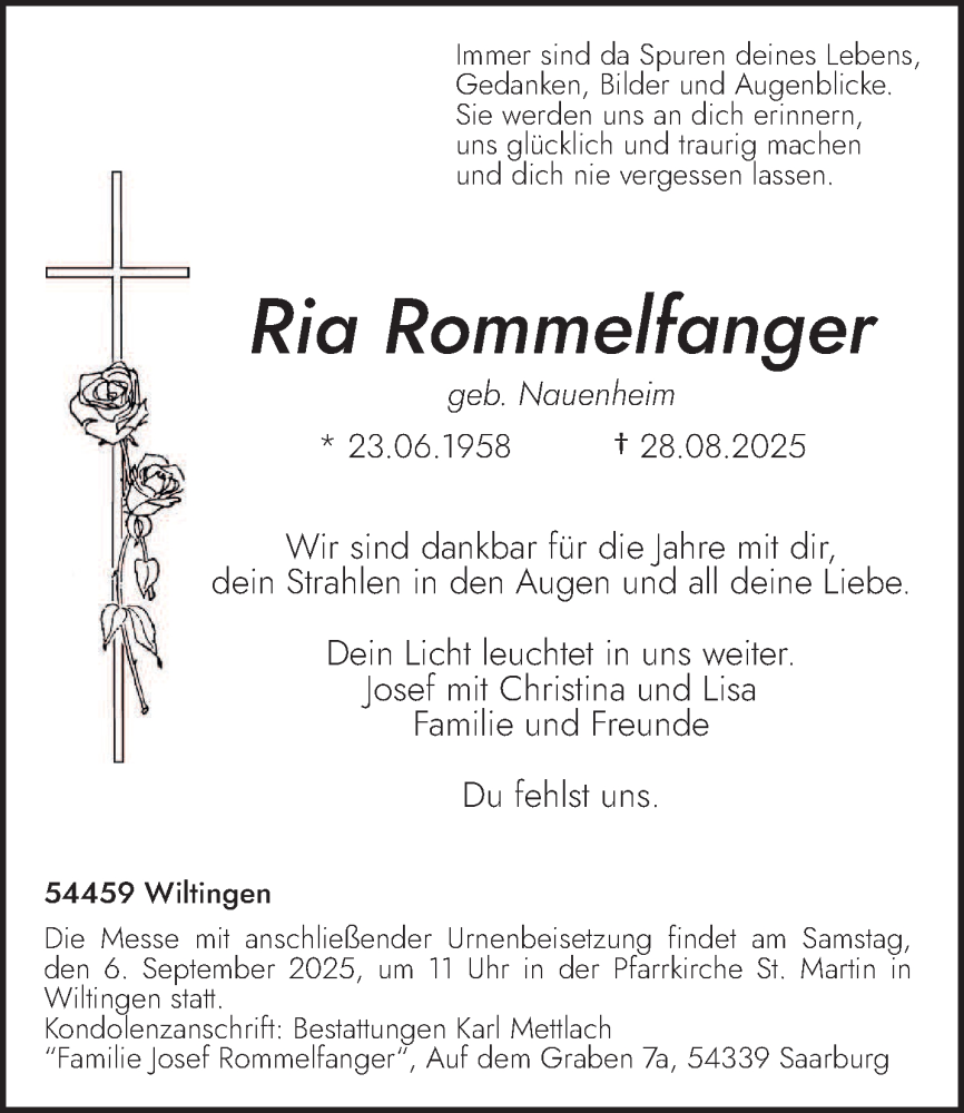  Traueranzeige für Ria Rommelfanger vom 03.09.2025 aus trierischer_volksfreund