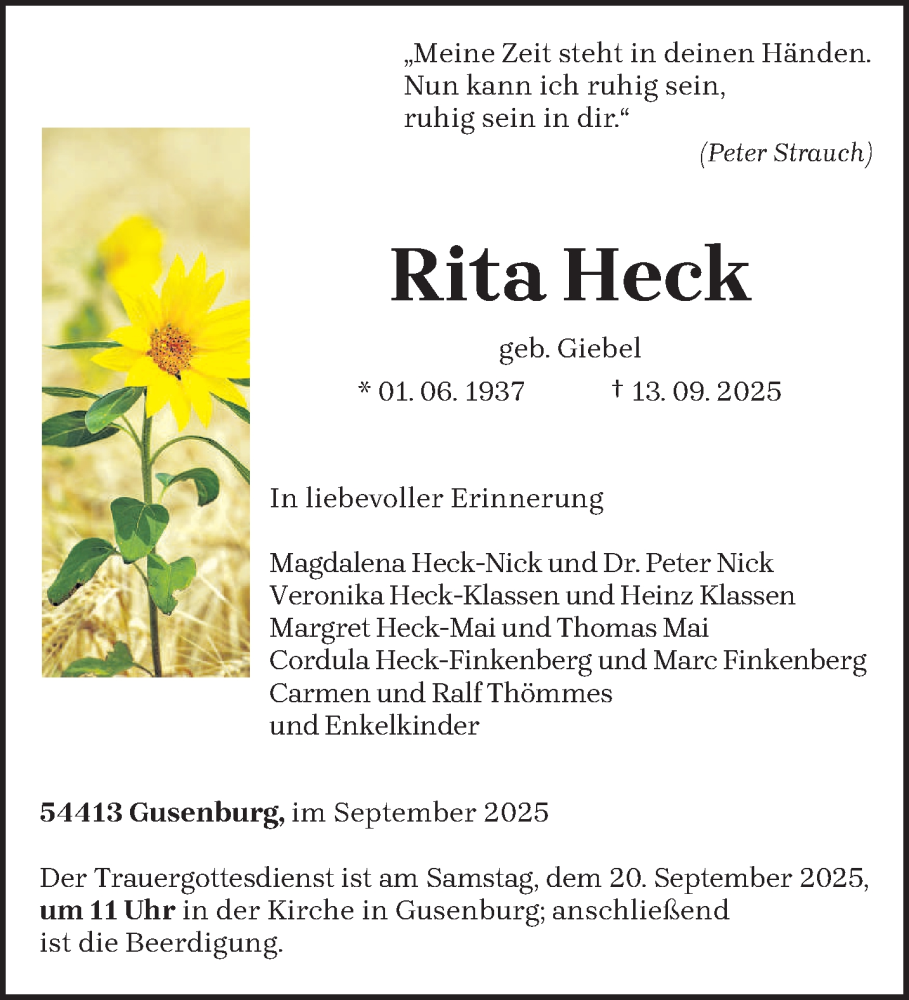  Traueranzeige für Rita Heck vom 17.09.2025 aus trierischer_volksfreund