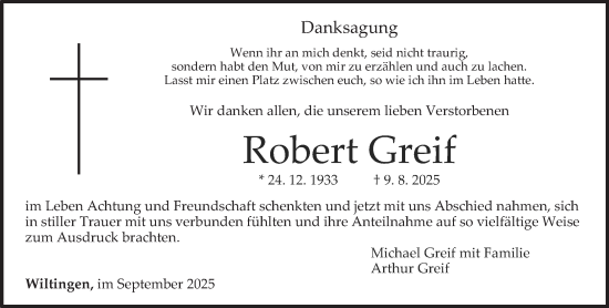 Traueranzeige von Robert Greif von trierischer_volksfreund