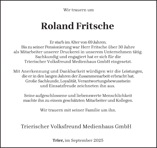 Traueranzeige von Roland Fritsche von trierischer_volksfreund