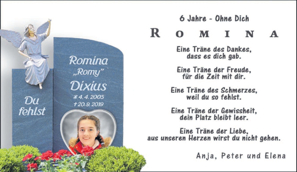  Traueranzeige für Romina Dixius vom 20.09.2025 aus trierischer_volksfreund