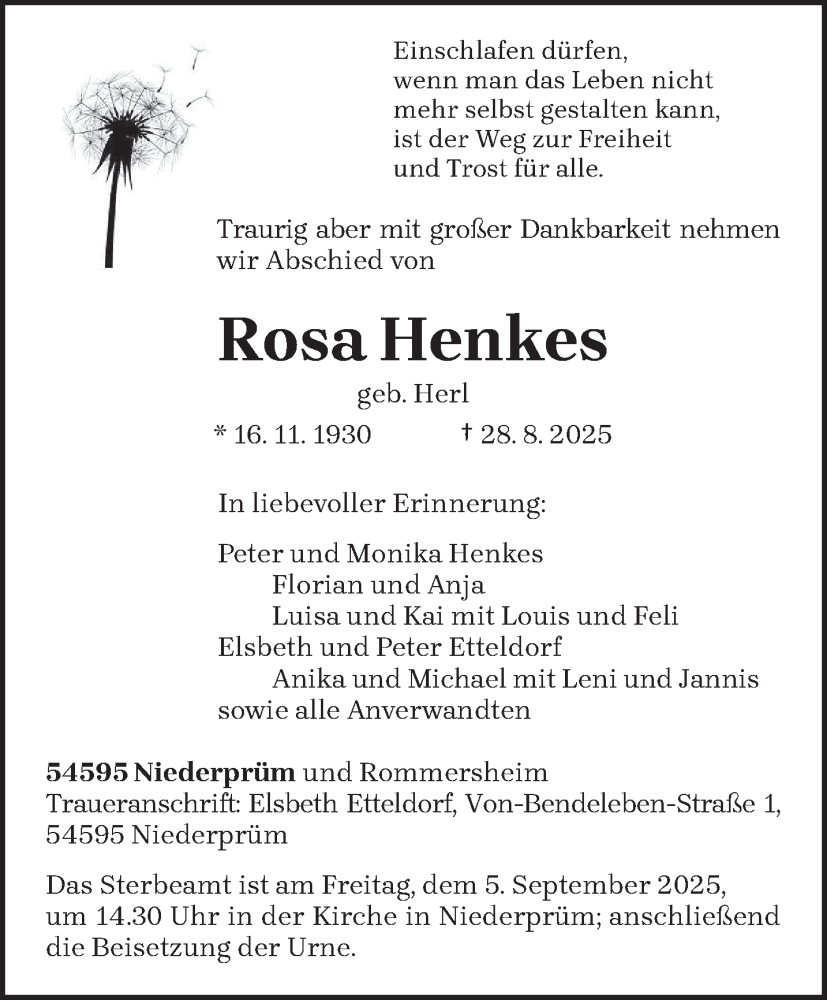  Traueranzeige für Rosa Henkes vom 02.09.2025 aus trierischer_volksfreund
