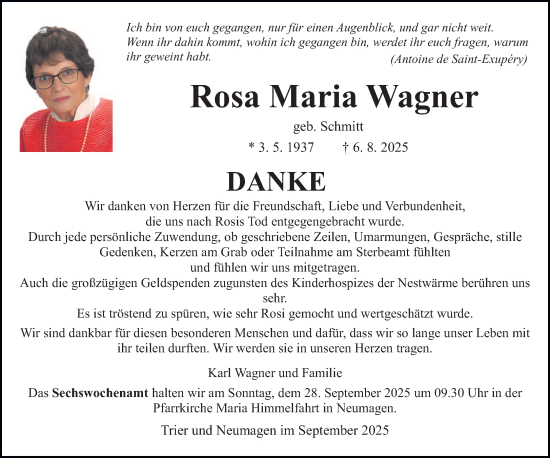 Traueranzeige von Rosa Maria Wagner von trierischer_volksfreund