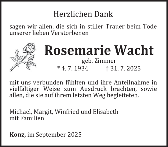 Traueranzeige von Rosemarie Wacht von trierischer_volksfreund