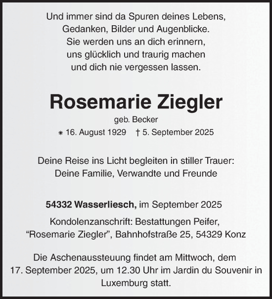 Traueranzeige von Rosemarie Ziegler von trierischer_volksfreund