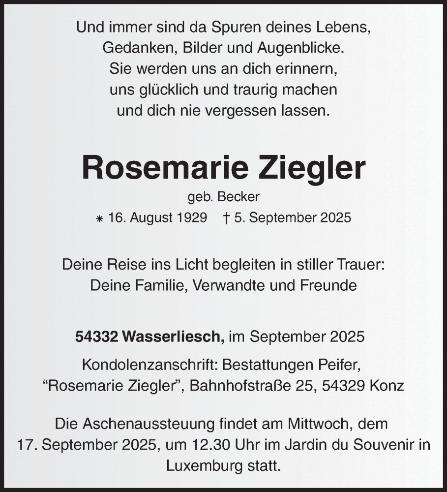  Traueranzeige für Rosemarie Ziegler vom 13.09.2025 aus trierischer_volksfreund