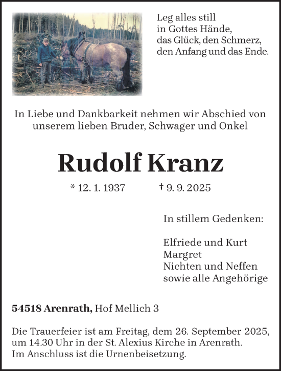 Traueranzeige von Rudolf Kranz von trierischer_volksfreund