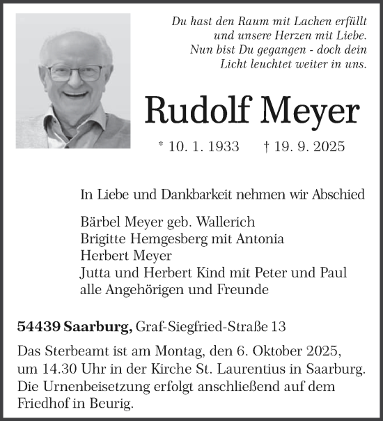 Traueranzeige von Rudolf Meyer von trierischer_volksfreund