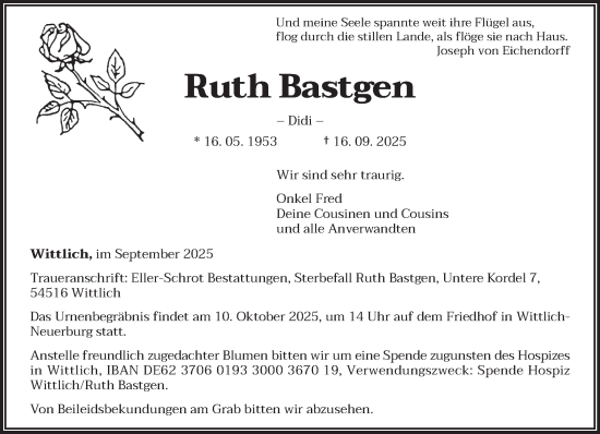 Traueranzeige von Ruth Bastgen von trierischer_volksfreund
