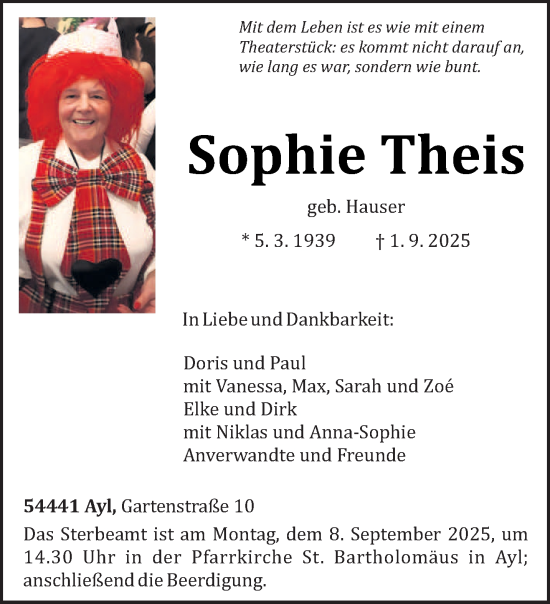 Traueranzeige von Sophie Theis von trierischer_volksfreund