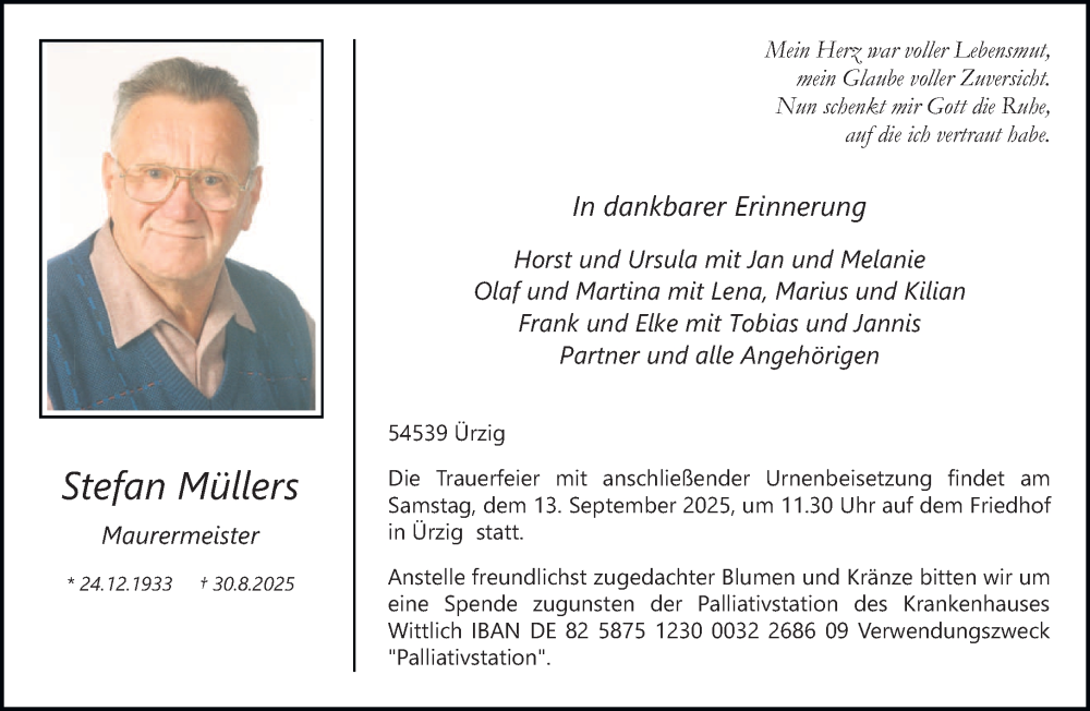  Traueranzeige für Stefan Müllers vom 06.09.2025 aus trierischer_volksfreund