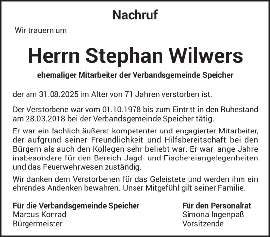 Traueranzeige von Stephan Wilwers von trierischer_volksfreund