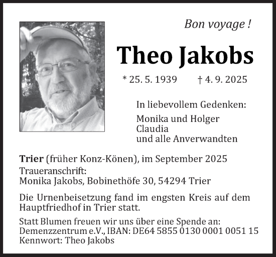 Traueranzeige von Theo Jakobs von trierischer_volksfreund