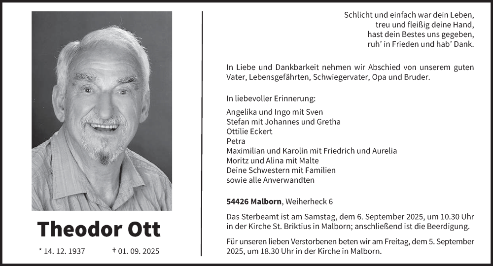 Traueranzeige für Theodor Ott vom 03.09.2025 aus trierischer_volksfreund