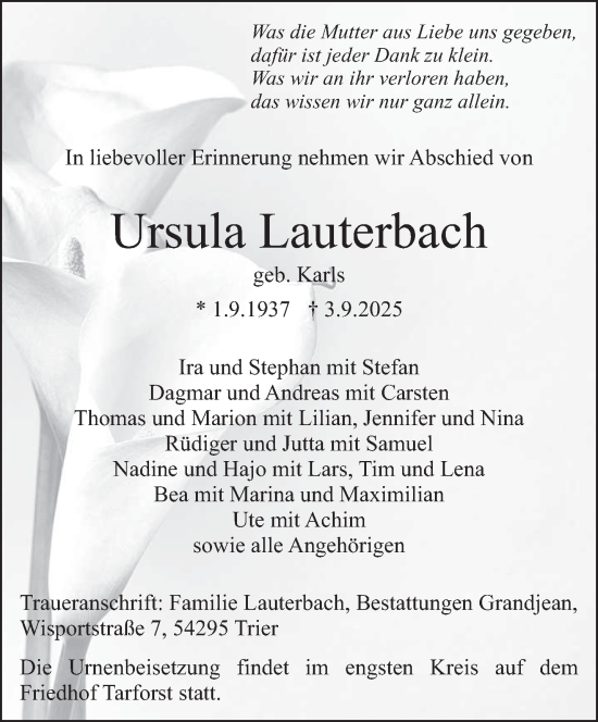 Traueranzeige von Ursula Lauterbach von trierischer_volksfreund