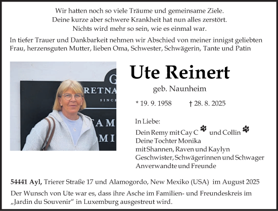 Traueranzeige von Ute Reinert von trierischer_volksfreund