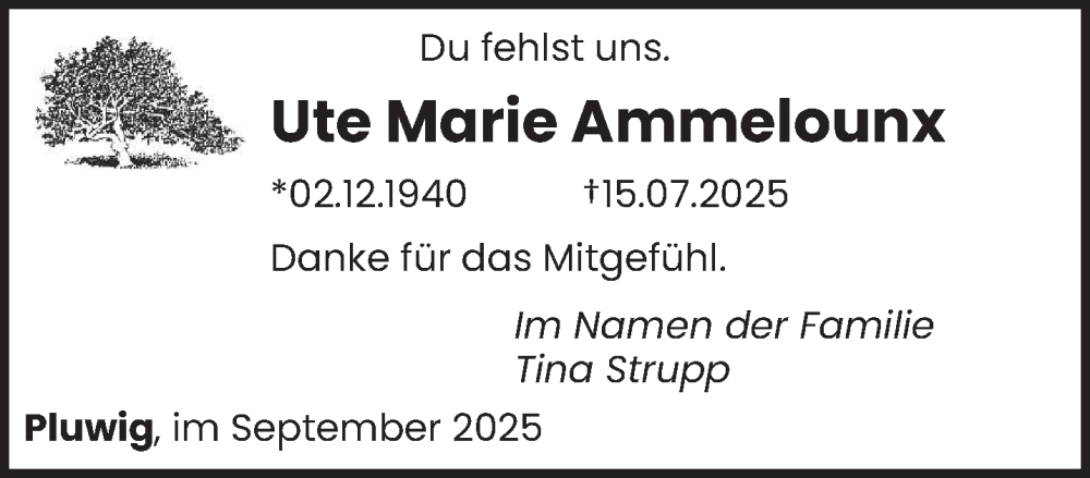 Traueranzeige für Ute Marie Ammelounx vom 20.09.2025 aus trierischer_volksfreund