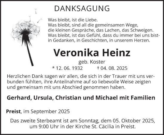 Traueranzeige von Veronika Heinz von trierischer_volksfreund
