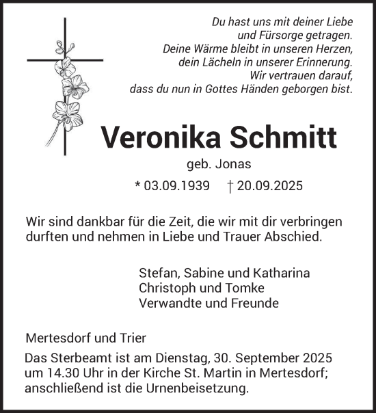 Traueranzeige von Veronika Schmitt von trierischer_volksfreund