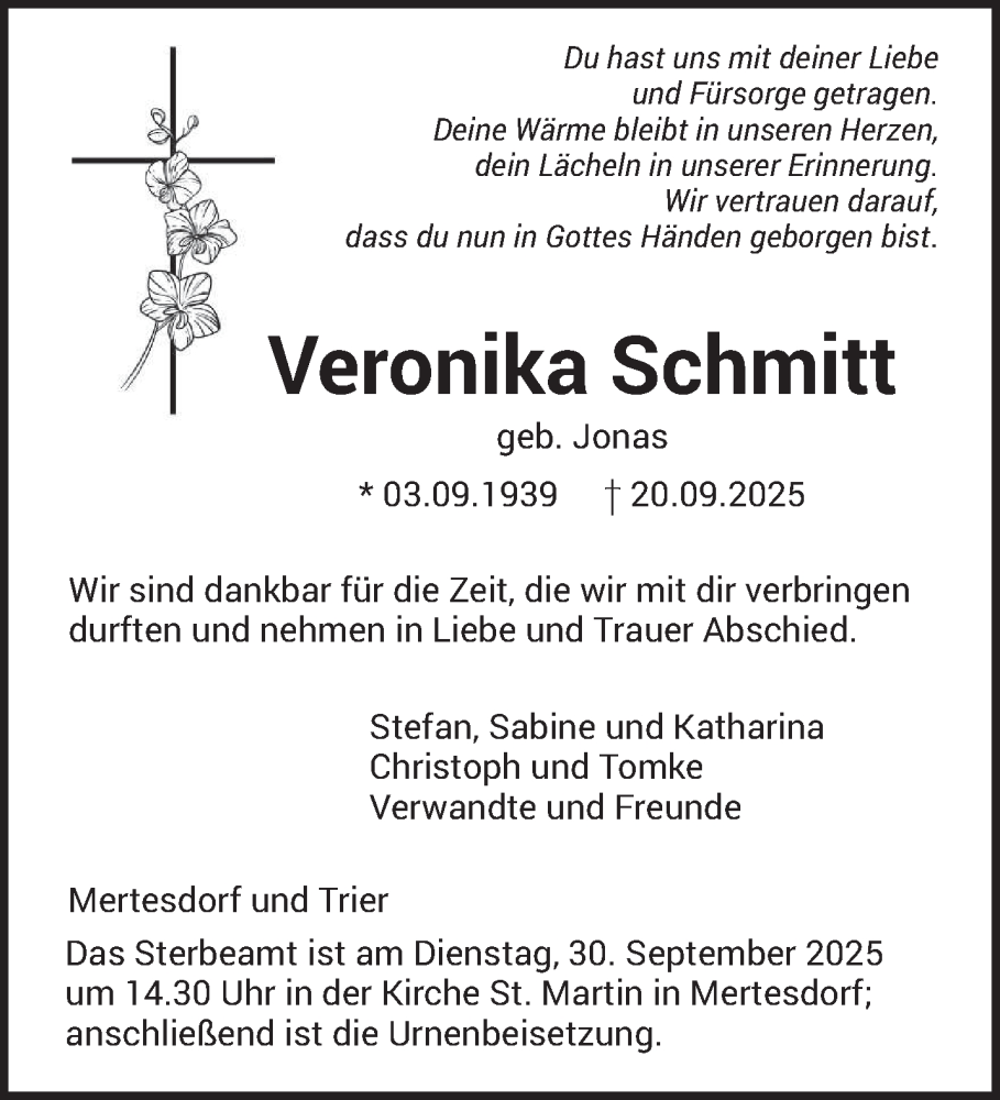  Traueranzeige für Veronika Schmitt vom 27.09.2025 aus trierischer_volksfreund