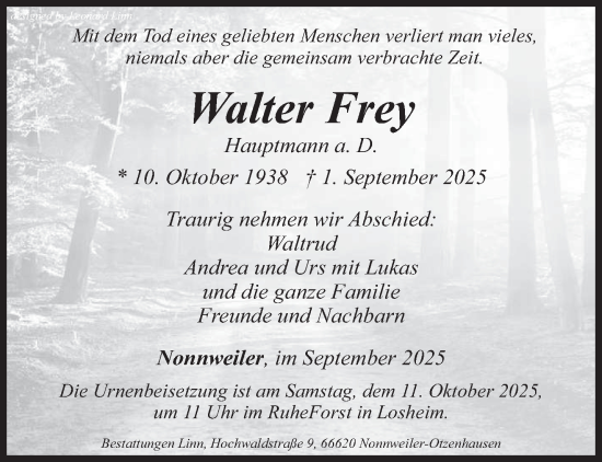 Traueranzeige von Walter Frey von trierischer_volksfreund