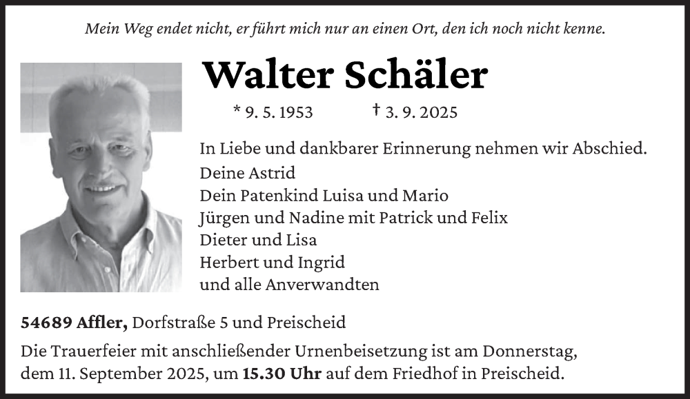  Traueranzeige für Walter Schäler vom 06.09.2025 aus trierischer_volksfreund