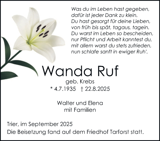 Traueranzeige von Wanda Ruf von trierischer_volksfreund