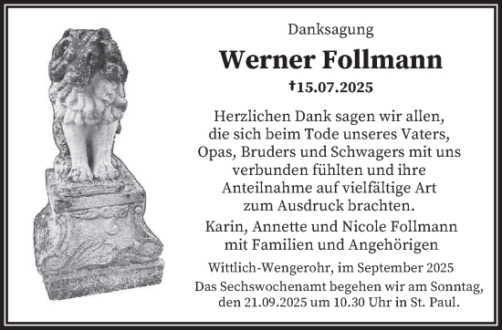 Traueranzeige von Werner Follmann von trierischer_volksfreund