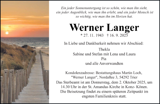 Traueranzeige von Werner Langer von trierischer_volksfreund