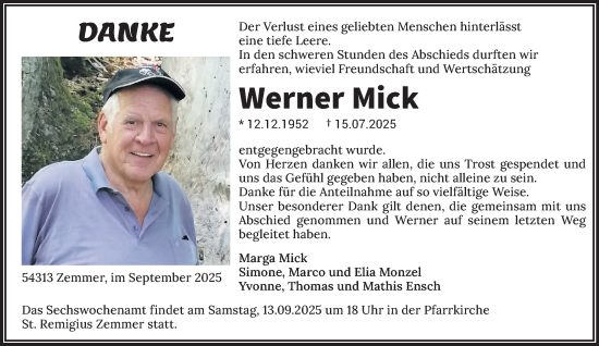Traueranzeige von Werner Mick von trierischer_volksfreund