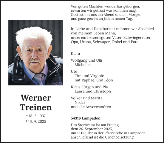 Traueranzeige von Werner Treinen von trierischer_volksfreund