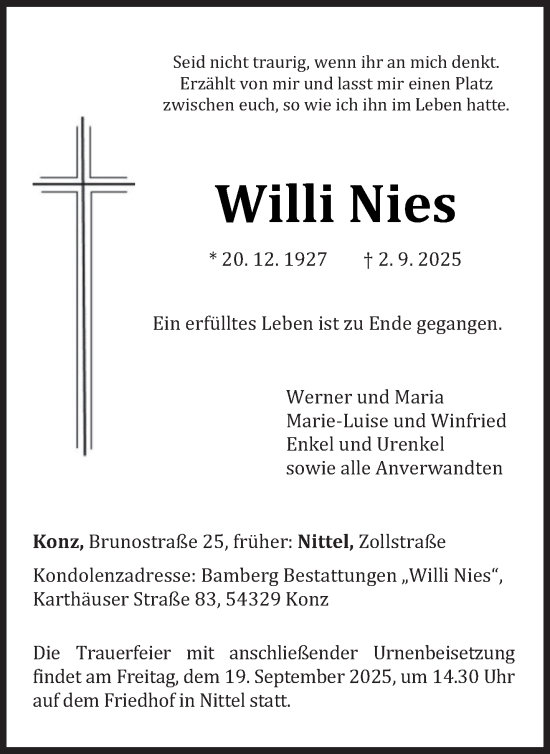 Traueranzeige von Willi Nies von trierischer_volksfreund