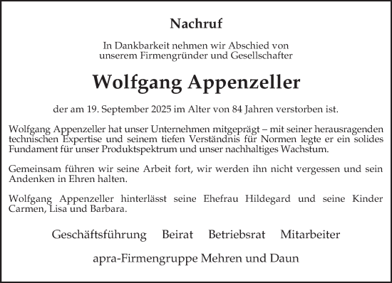 Traueranzeige von Wolfgang Appenzeller von trierischer_volksfreund