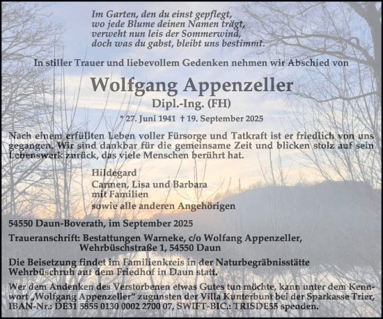 Traueranzeige von Wolfgang Appenzeller von trierischer_volksfreund
