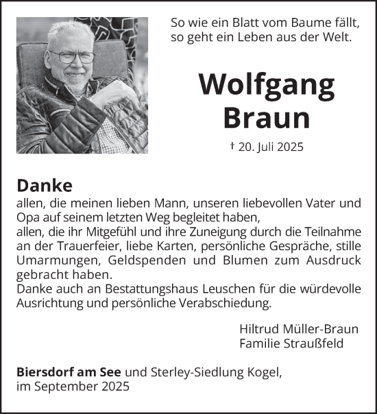 Traueranzeige von Wolfgang Braun von trierischer_volksfreund