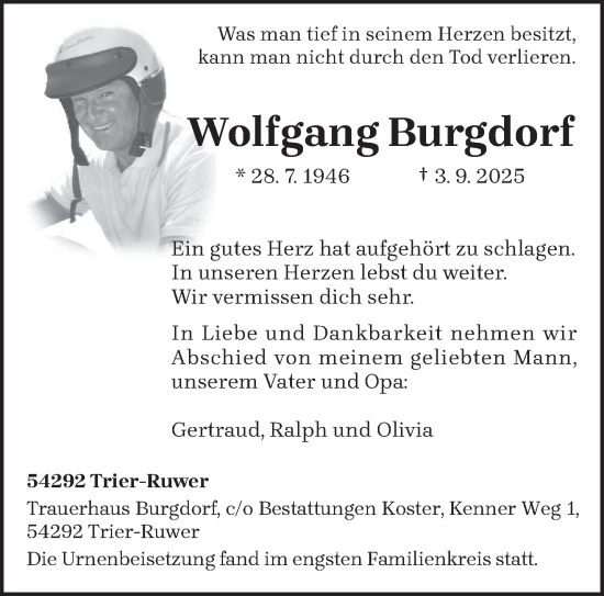 Traueranzeige von Wolfgang Burgdorf von trierischer_volksfreund